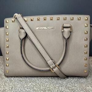 Michael Kors Selma Womens Satchel Saffiano Leather Studded Dark Dune Gray